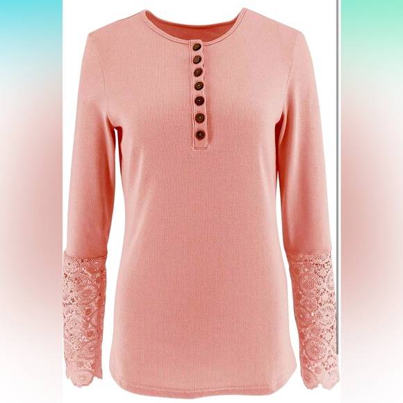 Pink ribbed lace accent detail Henley long sleeve top~ - Picture 5 of 5